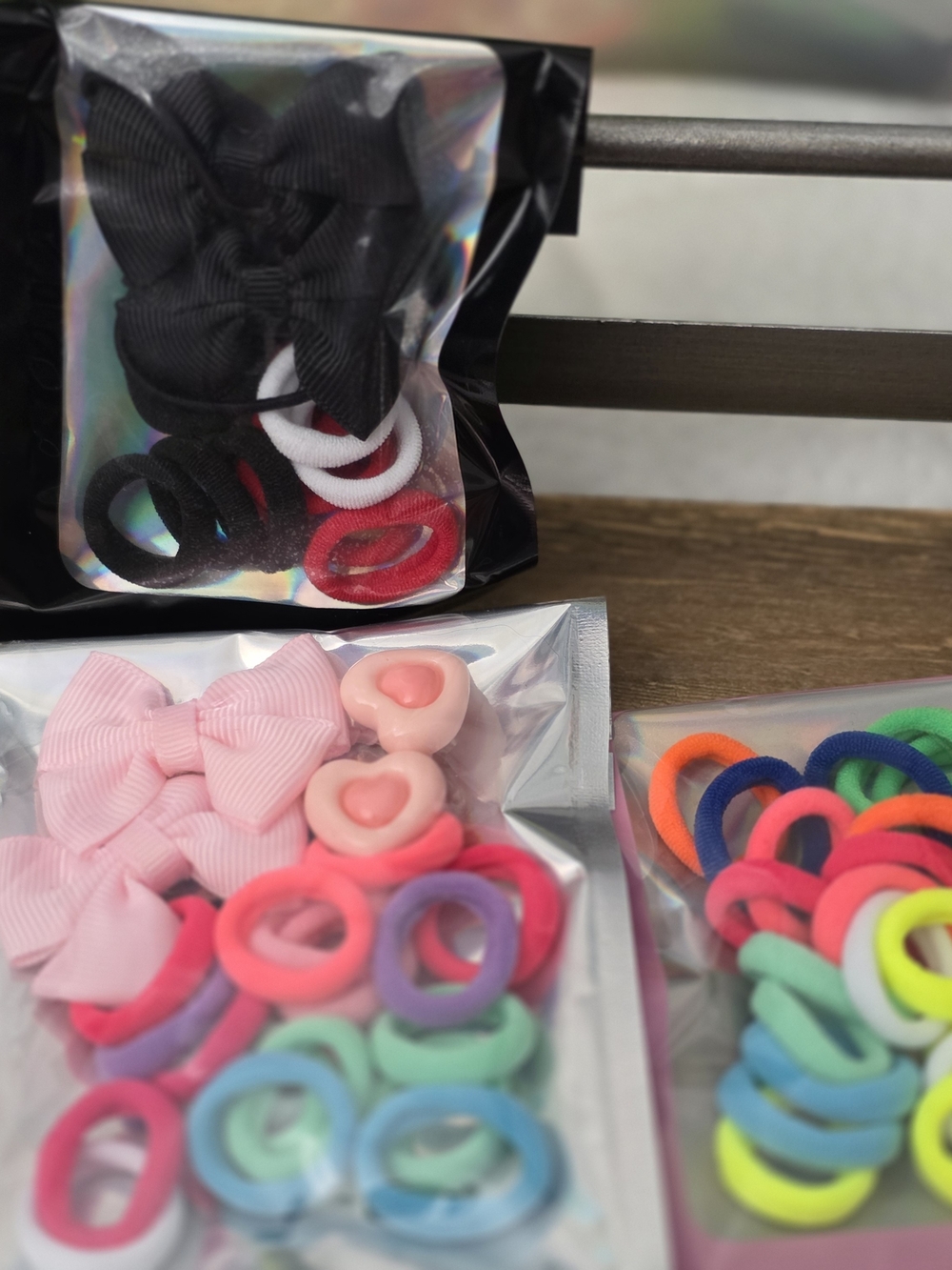 Kids Hair Bow and Elastic Ring Set - Pink, Black, White, Neon Mix